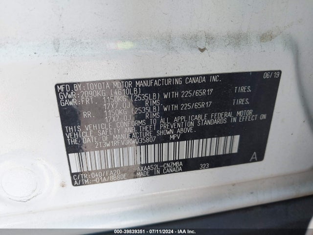Toyota Rav4 Xle 2019 2T3W1RFV3KW035807 Image 9