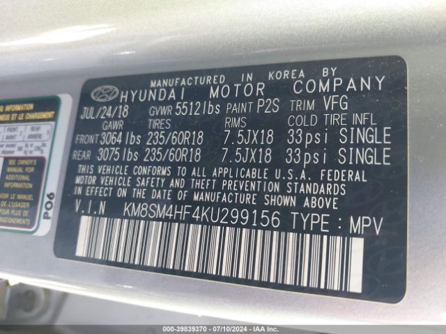 KM8SM4HF4KU299156 Hyundai Santa Fe Xl Se