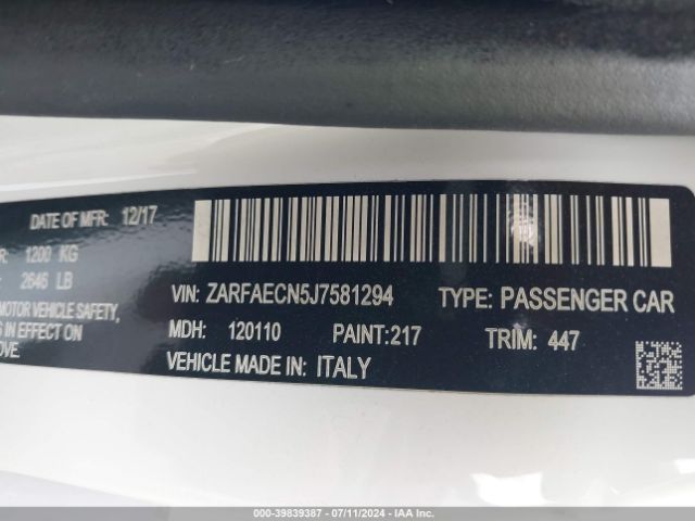 ZARFAECN5J7581294 Alfa Romeo Giulia Ti Sport Rwd