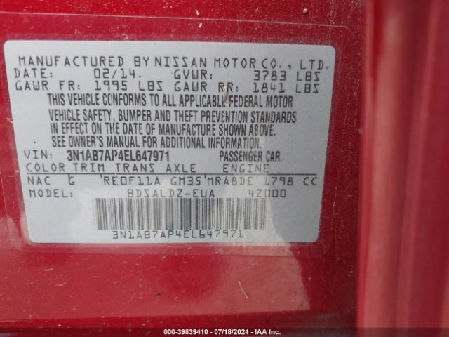 3N1AB7AP4EL647971 Nissan Sentra Fe+ S/fe+ Sv/s/sl/sr/sv