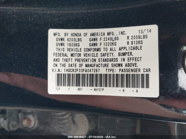 Honda ACCORD LX 2015 1HGCR2F33FA047267 Image 9