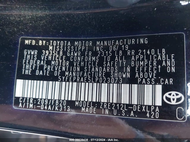 Toyota COROLLA LE 2020 5YFEPRAE5LP023073 Image 9