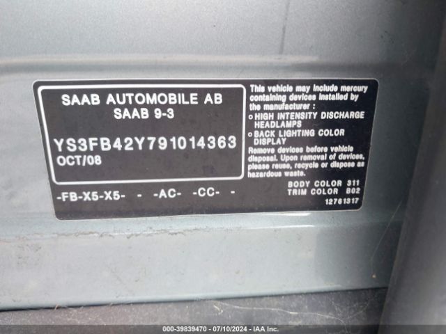 2009 SAAB 9-3 YS3FB42Y791014363 Photo 8