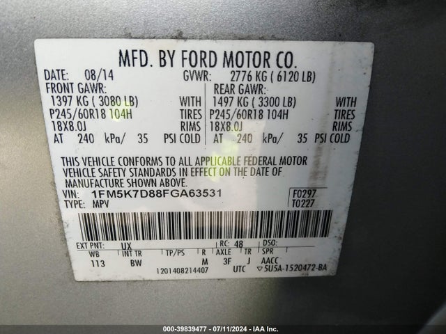 Ford EXPLORER XLT 2015 1FM5K7D88FGA63531 Image 9