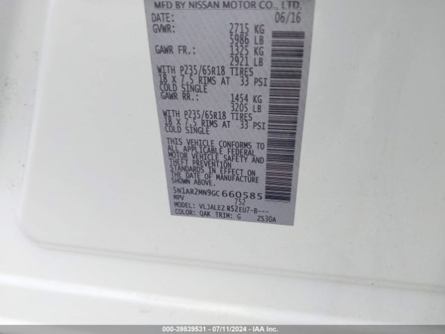 5N1AR2MN9GC660585 Nissan Pathfinder Platinum/s/sl/sv