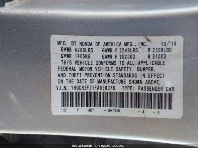1HGCR2F31FA036378 Honda ACCORD LX