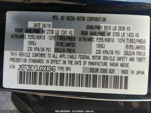 JM3TCBCY3J0230349 Mazda Cx-9 Touring