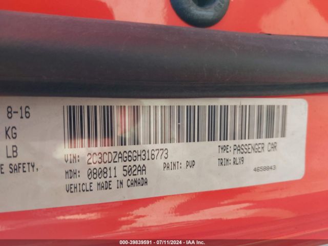2C3CDZAG6GH316773 Dodge Challenger Sxt Plus