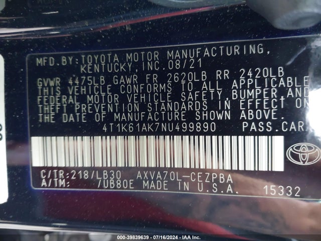 4T1K61AK7NU499890 Toyota CAMRY XSE