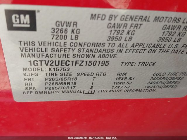 1GTV2UEC1FZ150195 GMC Sierra 1500 Sle