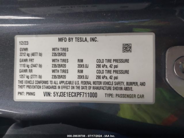 5YJ3E1ECXPF711000 Tesla Model 3 Performance Dual Motor All-wheel Drive