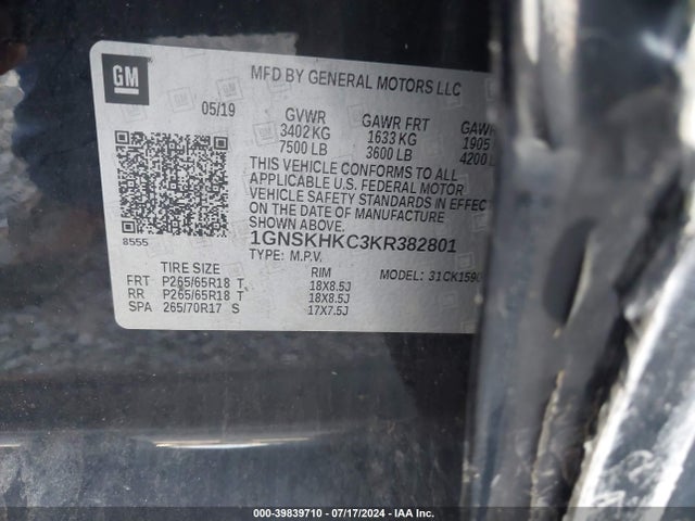 Chevrolet Suburban Lt 2019 1GNSKHKC3KR382801 Image 9