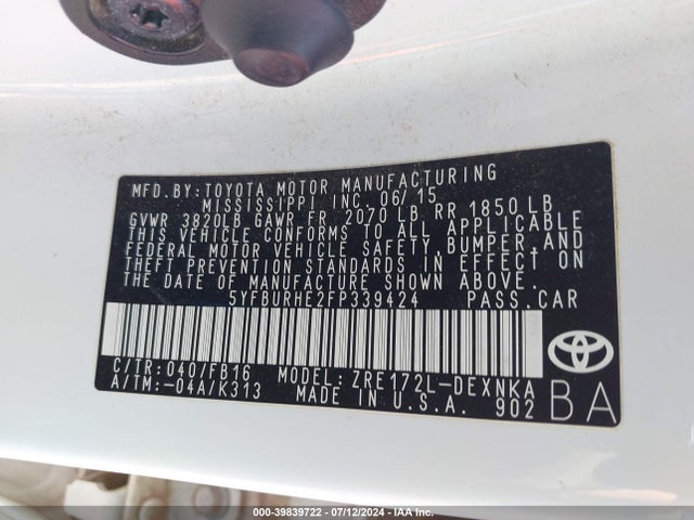 Toyota COROLLA LE 2015 5YFBURHE2FP339424 Image 9