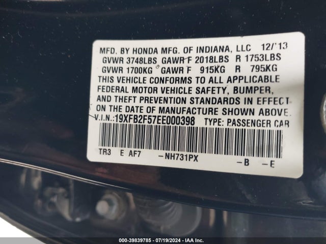 Honda Civic Lx 2014 19XFB2F57EE000398 Image 9