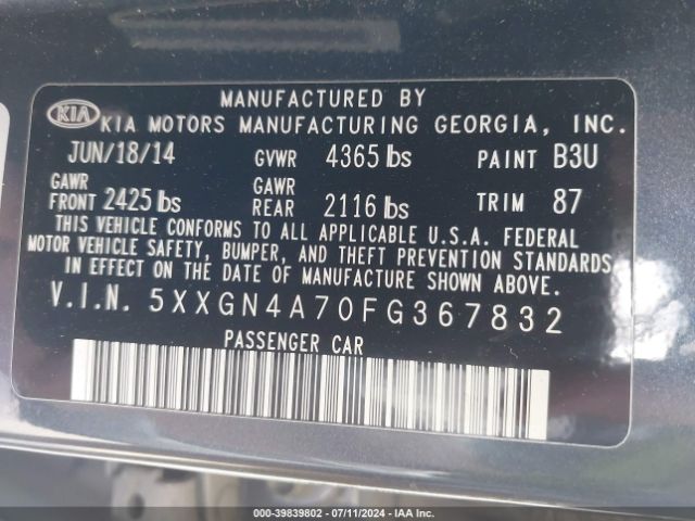 5XXGN4A70FG367832 KIA OPTIMA EX