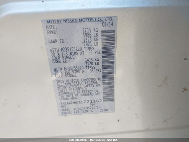 Nissan Pathfinder Platinum 2014 5N1AR2MM7EC721162 Image 9