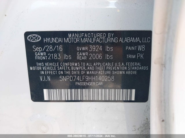 Hyundai ELANTRA SE 2017 5NPD74LF9HH140258 Image 9