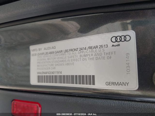 WAUDNAF42LN011914 Audi A4 Premium 45 Tfsi Quattro S Tronic