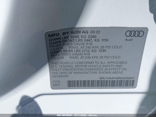 2022 AUDI A4 ALLROAD WA17AAF40NA039341 Photo 8
