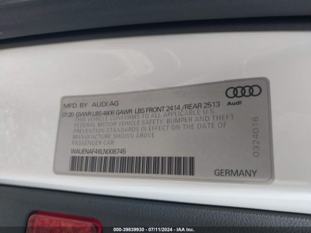 WAUENAF46LN008745 Audi A4 Premium Plus 45 Tfsi Quattro S Tronic
