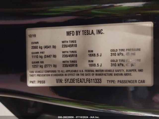 5YJ3E1EA7LF611333 Tesla Model 3 Standard Range Plus Rear-wheel Drive/standard Range Rear-wheel Drive