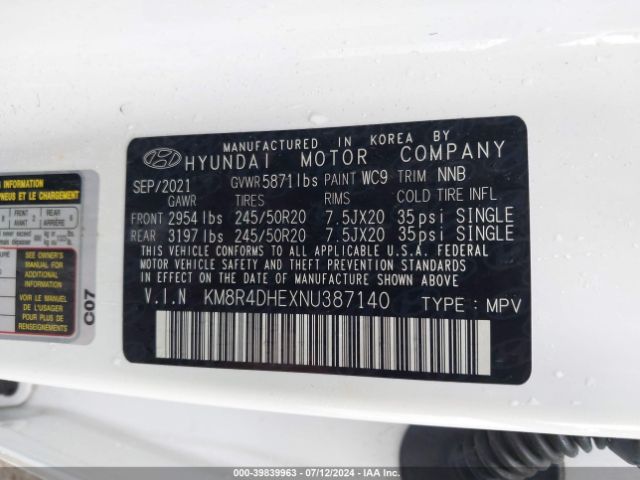 KM8R4DHEXNU387140 Hyundai Palisade Sel