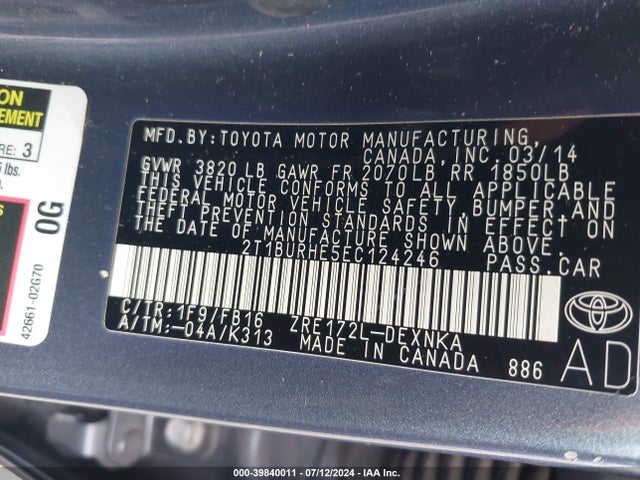 Toyota COROLLA LE 2014 2T1BURHE5EC124246 Image 9