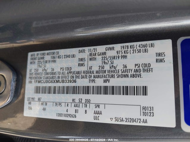 Ford ESCAPE SE 2021 1FMCU0G6XMUB33936 Image 9