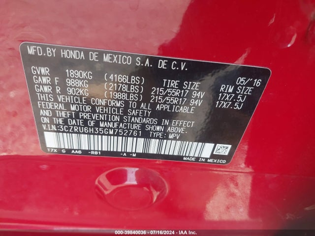 Honda HR-V LX 2016 3CZRU6H35GM752761 Image 9