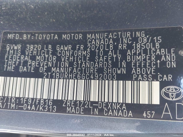 Toyota COROLLA LE 2016 2T1BURHE6GC492003 Image 9