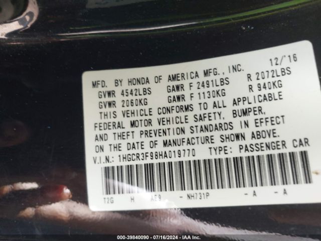 1HGCR3F98HA019770 Honda Accord Touring V6