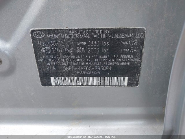 Hyundai ELANTRA SE 2016 5NPDH4AE6GH793894 Image 9