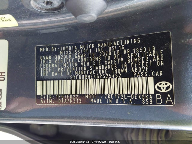 Toyota Corolla S Plus 2016 5YFBURHE4GP525452 Image 9