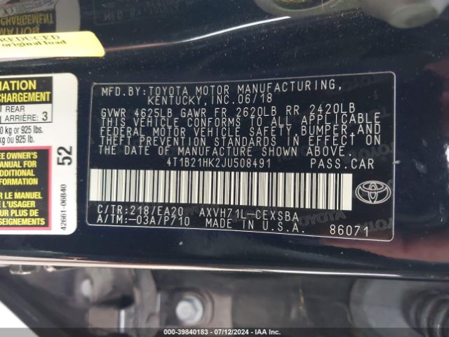 4T1B21HK2JU508491 Toyota Camry Hybrid Se