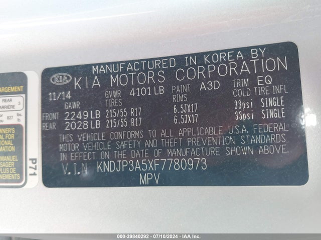 KIA SOUL + 2015 KNDJP3A5XF7780973 Image 9