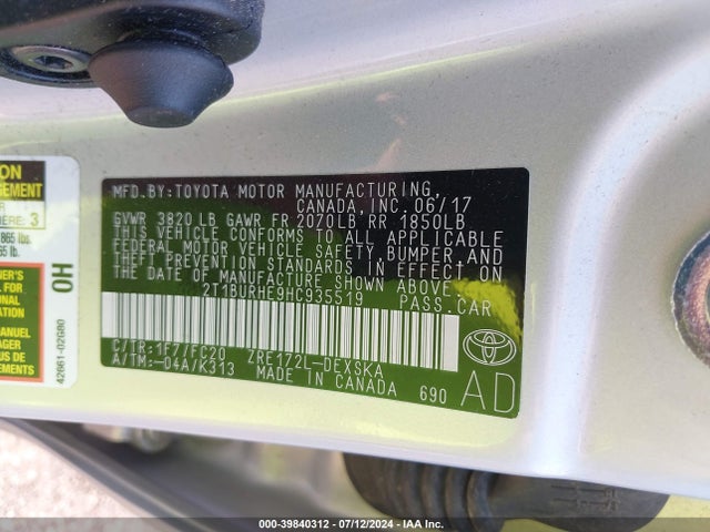 2T1BURHE9HC935519 Toyota COROLLA SE