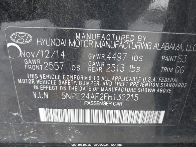 39840325 :رقم المزاد ، 5NPE24AF2FH132215 vin ، 2015 Hyundai Sonata Se مزاد بيع