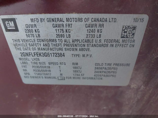 Chevrolet EQUINOX LT 2016 2GNFLFEK3G6172384 Image 9