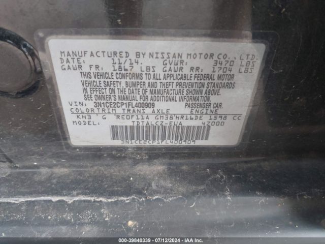 3N1CE2CP1FL400909 Nissan Versa Note S Plus