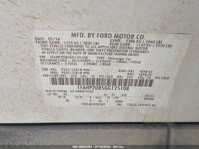 Ford TAURUS SE 2016 1FAHP2D85GG125108 Image 9