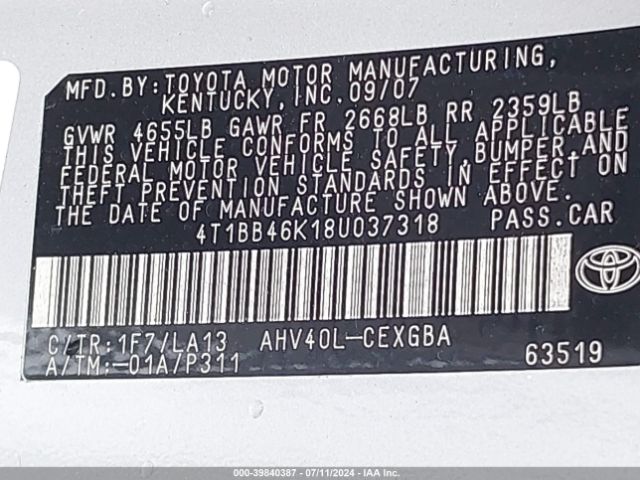 2008 TOYOTA CAMRY HYBRID 4T1BB46K18U037318 Photo 8