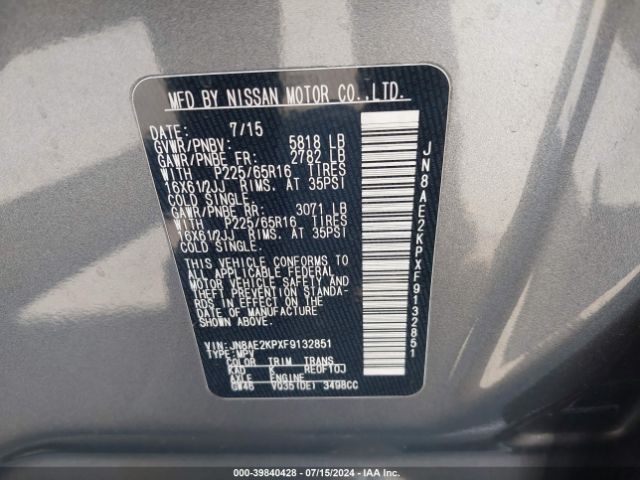 JN8AE2KPXF9132851 Nissan Quest Platinum/s/sl/sv