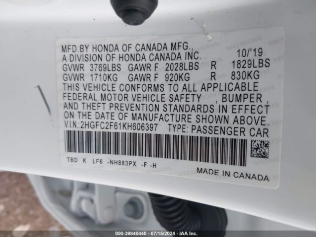 2HGFC2F61KH606397 Honda Civic Lx