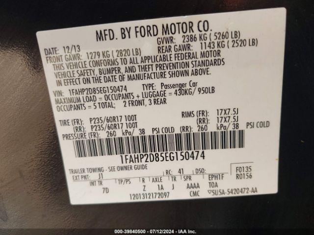 1FAHP2D85EG150474 Ford TAURUS SE