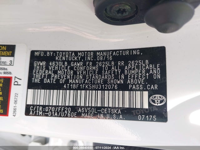 Toyota CAMRY SE 2017 4T1BF1FK5HU312076 Image 9