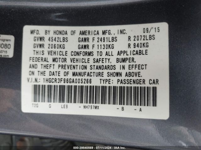 1HGCR3F96GA005266 Honda Accord Touring