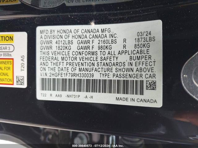 Honda CIVIC EX 2024 2HGFE1F79RH330039 Image 9