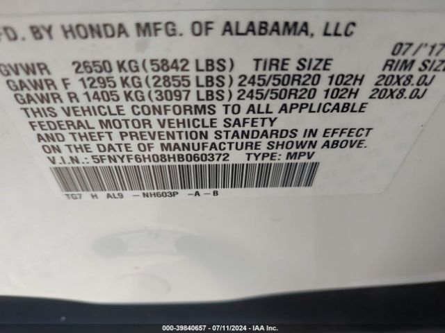 5FNYF6H08HB060372 Honda Pilot Elite