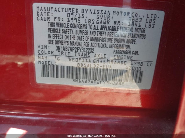 Nissan SENTRA SV 2015 3N1AB7AP2FY342232 Image 9