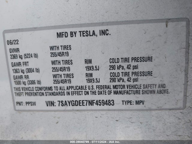 2022 TESLA MODEL Y 7SAYGDEE7NF459483 Photo 8